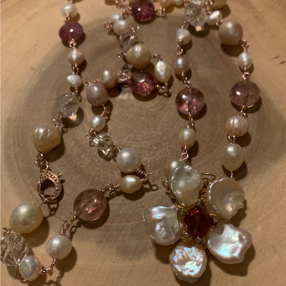 Handmade Pearl and Tourmaline and Flower Necklace